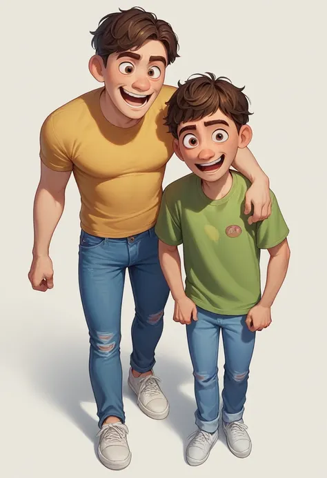 Boy character from the film amusingly, disney pixar style,3d,with short dark brown hair, White sneakers, Brown eyes, jeans, face with happy expression, light blue skin, white background 8k quality