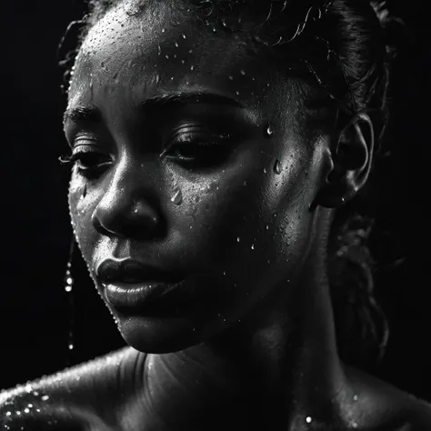 a beautiful black girl with crying a water teardrop running down her face and a black background, light falling on face, noir photorealism, mysterious portrait of a woman, chiaroscuro portrait, grainy black and white photo. close up on side profile