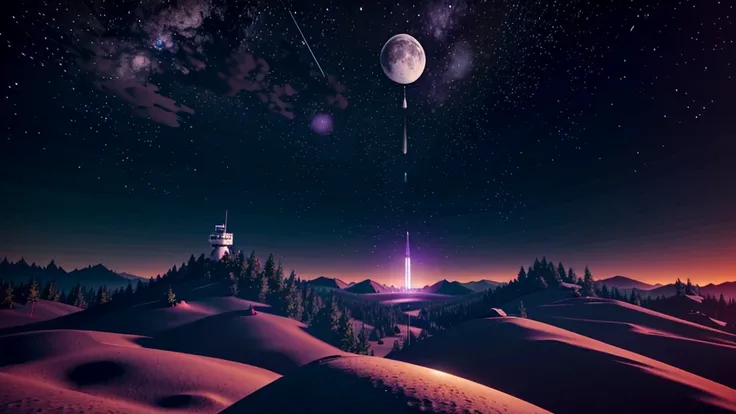 night sky full of stars, (colors white black purple), based on the style of Firewatch video game art, moon, astronaut and an rocket