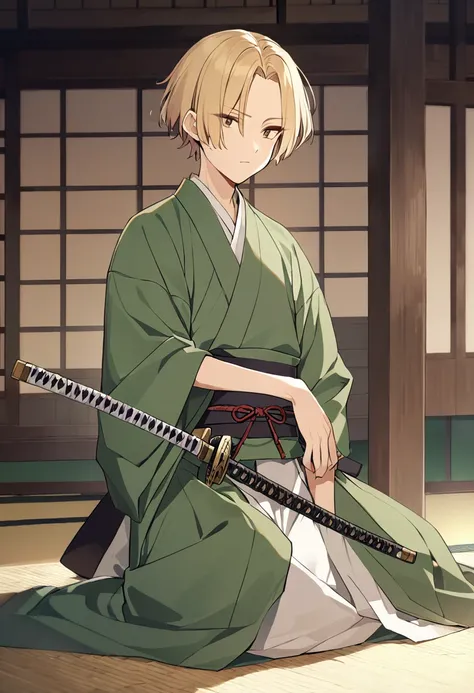 boy, blond, short hair, long bangs, closed forehead, brown eyes, green kimono, haramaki, katana