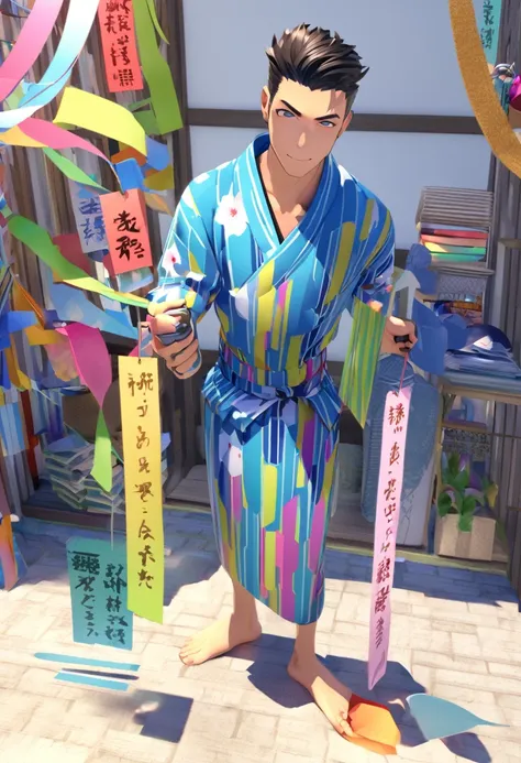 Tanabata Hikoboshi、Blue kimono full body、Please draw a cool guy　Make it 3D