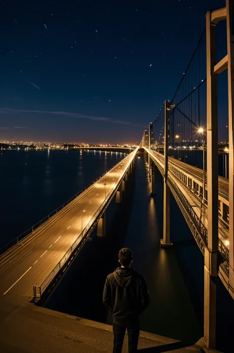 A young man watching a bridge at night 