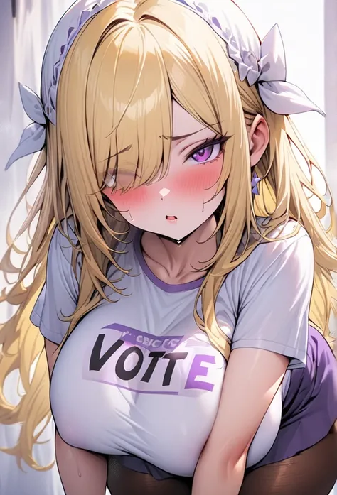 ((Best Quality)), ((Masterpiece)), (detailed), 1 girl, Pastel yellow hair, long hair, hair covers one eye, purple eyes, tight, big breasts, big thighs, white vote t-shirt, purple skirt, brown pantyhose, pouting, serrated fists, desire to cry