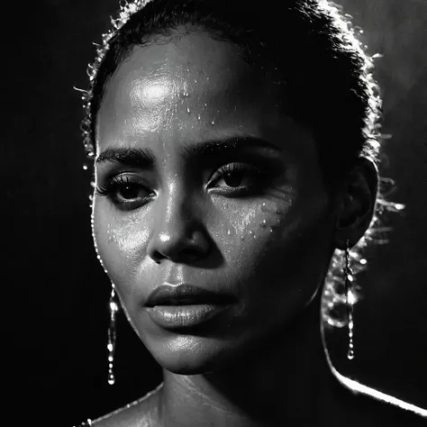 a beautiful black girl with crying a water teardrop running down her face and a black background, light falling on face, noir photorealism, mysterious portrait of a woman, chiaroscuro portrait, grainy black and white photo. close up on side profile, halle ...