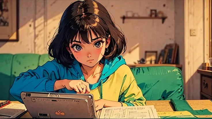 A girl, 80s anime style, retro, lo-fi, piercing, hoodie