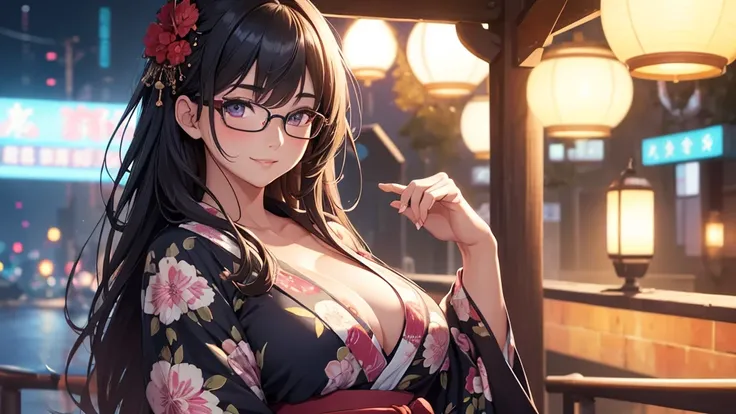 1 girl, full body stand, glasses, ideal breasts, unbuttoned yukata, loose hair, smile, put his face closer to you, face blush, night light, detailed anime face, beautiful eyes, detailed hand, long eyelashes, detailed lips, detailed skin, intricate details,...