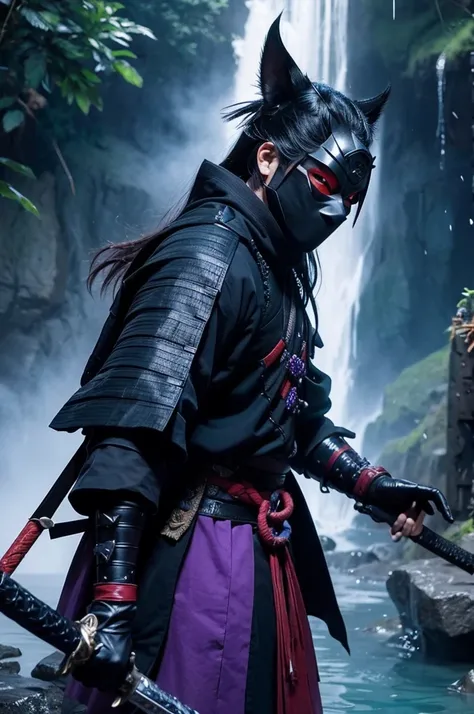 create a masked samurai, full of sword cuts, in a waterfall environment, black clothes, Crystalline waters, thick ultra realist, with a mystical power all around purple