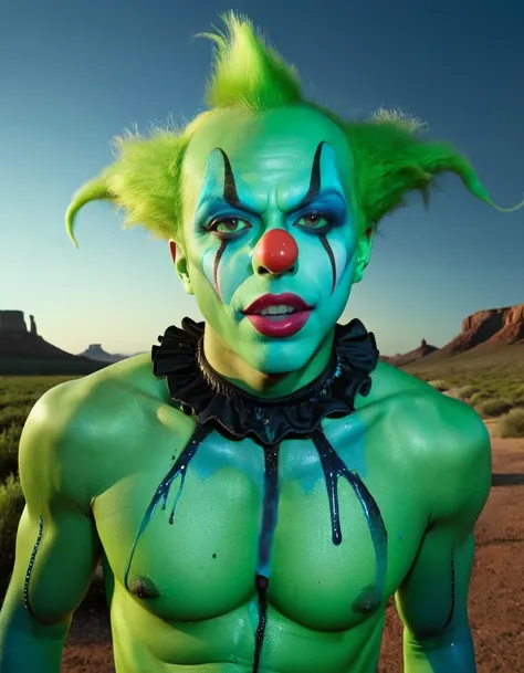 An alien clown with bioluminescent skin, green alien gas rising from his face, and otherworldly makeup. The background is a surreal, extraterrestrial landscape.