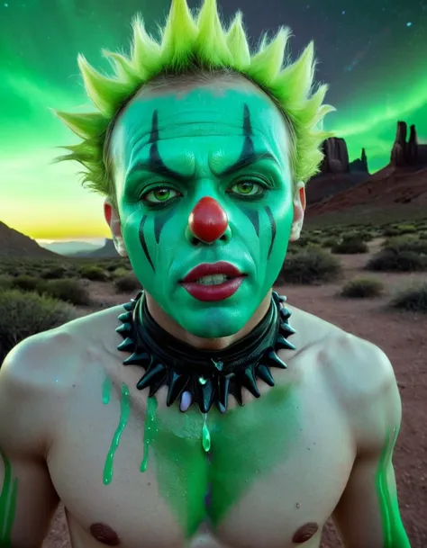 An alien clown with bioluminescent skin, green alien gas rising from his face, and otherworldly makeup. The background is a surreal, extraterrestrial landscape.