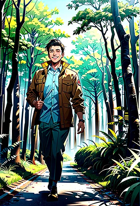 (best qualityer) 1 cheerful man in explorer clothes walking in a thick forest