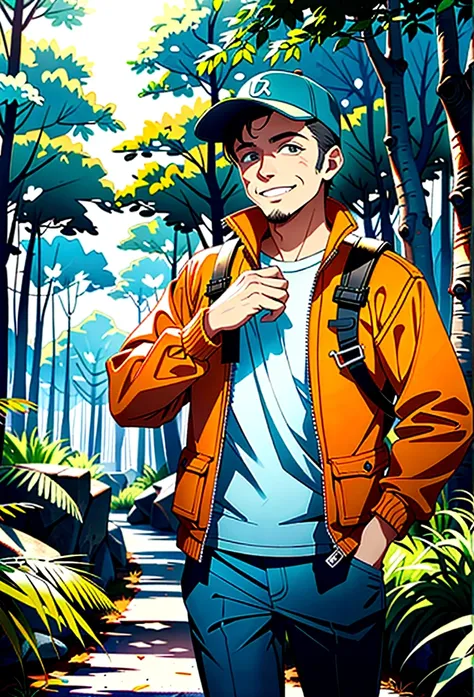 (best qualityer) 1 cheerful man in explorer clothes walking in a thick forest 