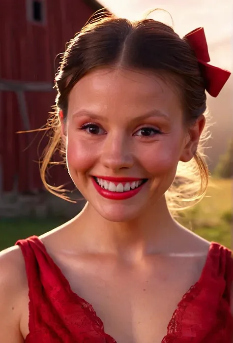 high resolution close up headshot portrait of m1ag0th woman,hair bun tied with bow,wearing red dress,smiling,masterpiece,surreal lighting,volumetric lighting,volumetric fog,boked,depth of field,cinematic,barn background