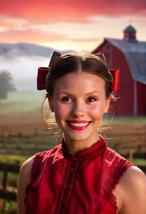 high resolution close up headshot portrait of m1ag0th woman,hair bun tied with bow,wearing red dress,smiling,masterpiece,surreal lighting,volumetric lighting,volumetric fog,boked,depth of field,cinematic,barn background