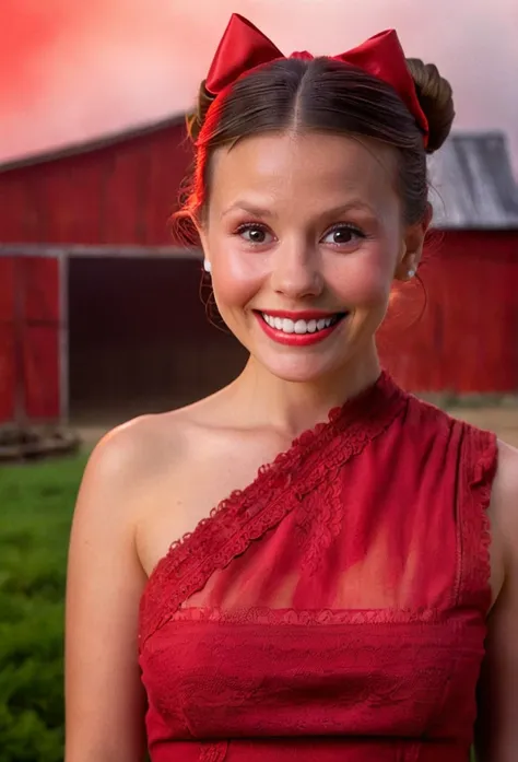 high resolution close up headshot portrait of m1ag0th woman,hair bun tied with bow,wearing red dress,smiling,masterpiece,surreal lighting,volumetric lighting,volumetric fog,boked,depth of field,cinematic,barn background