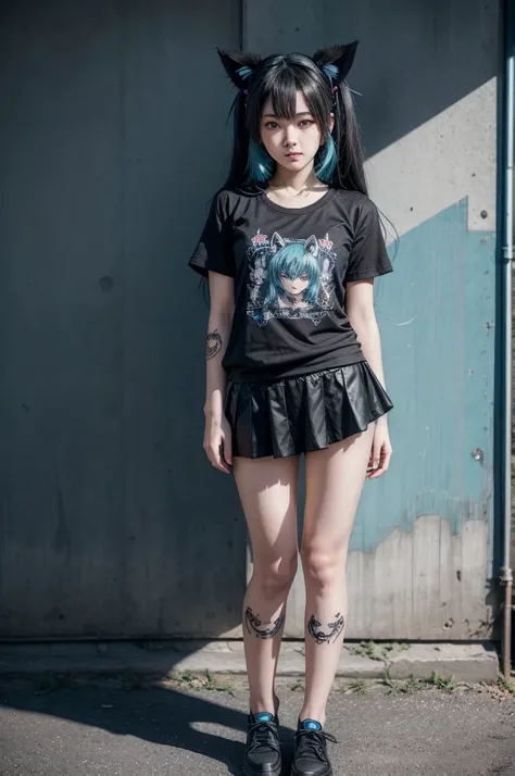 Miku Hatsune, add high definition_detail:1, blue fur,kitsune ears, tribal tattoo add_detail:1 cute high school clothes, pretty girl add_detail:3 18 year old girl, short black lycra, black metal t shirt, flirty look add_detail:3, is standing full body