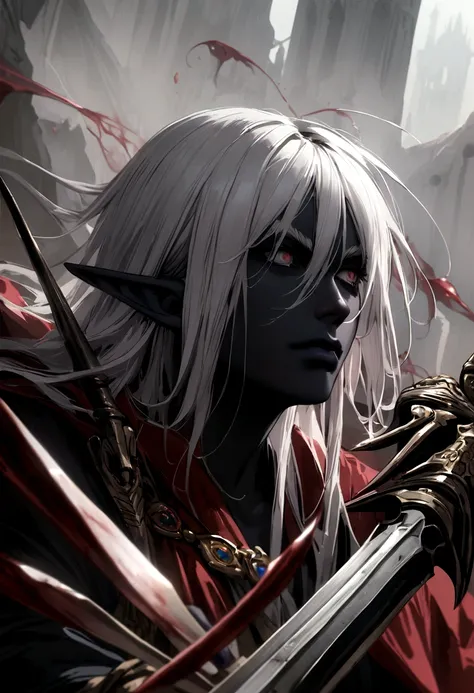 create an impaler half-elf that remembers having blood magic MAN with a spear in his handwith white hair with black skin