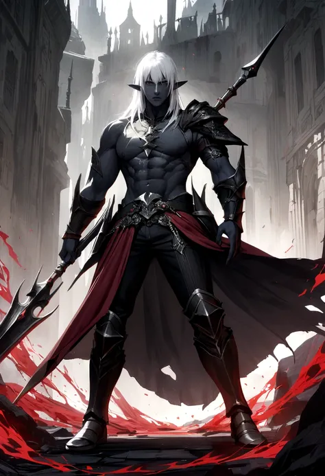 create an impaler half-elf that remembers having blood magic MAN with a spear in his handwith white hair with black skin