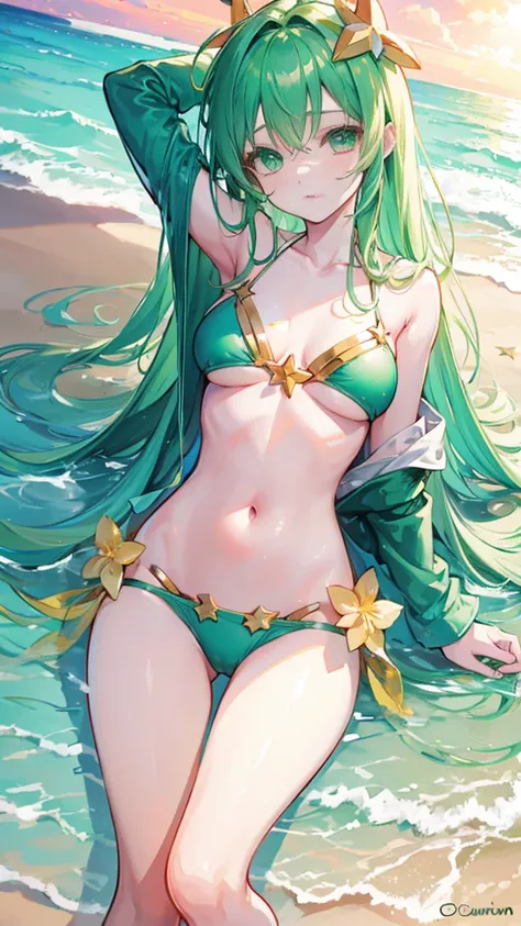 Star guardian Sona, fine-detailed, green bikini, at beach, showing the whole body,  quite sensual, during sunset.