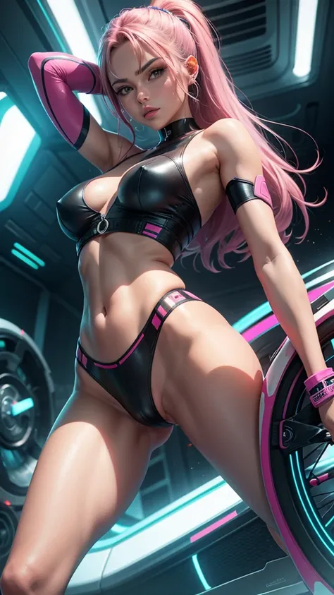 A woman riding a cool futuristic bike in cyberspace。With legs apart。Pink underwear on the lower body。