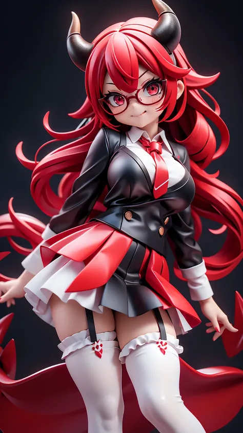 work, best quality, girl, red demon, oni, horns, little devil, a little scary, spooky, long hair alternative, bob hair, red hair, bow hair, aqua eyes, glasses, teacher, teacher unigorm, seductive smile, Tongue, black eyes, long eyelashes, big breasts, Ther...