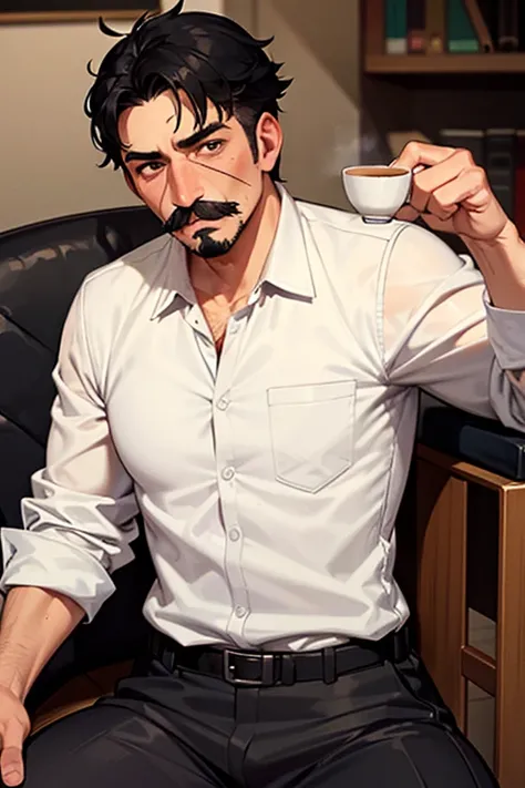 A 53-year-old man with short black hair with a Handlebar mustache with a goatee , black eye , sitting in a chair drinking coffee 