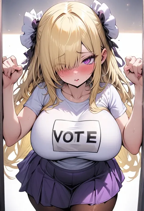 ((Best Quality)), ((Masterpiece)), (detailed), 1 girl, Pastel yellow hair, long hair, hair covers one eye, purple eyes, tight, big breasts, big thighs, white vote t-shirt, purple skirt, brown pantyhose, pouting, serrated fists, desire to cry