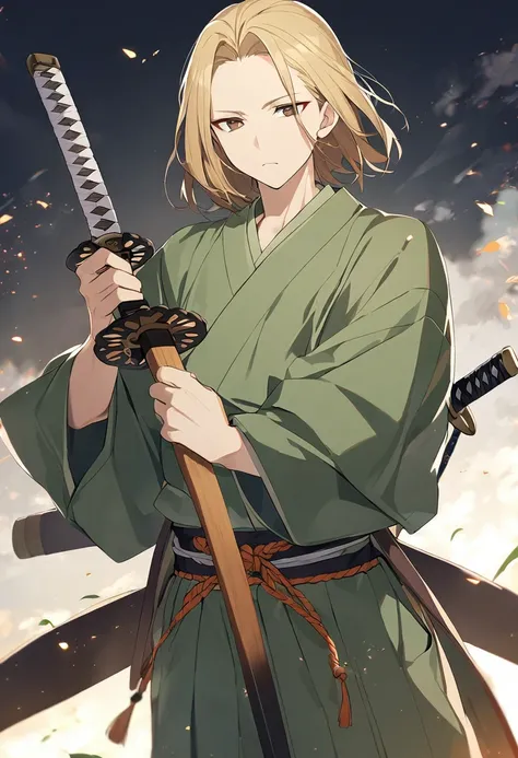 boy, blond, medium length hair, long bangs, closed forehead, brown eyes, green kimono, haramaki, katana