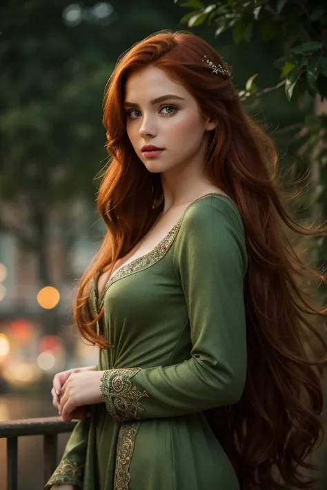 (Best Quality, HDR, professional),redhead woman with medium long hair and green eyes,(detailed eyes, detailed lips),(vibrant colors),(stylized, conceptual art),(scenic background),(soft lighting),(bokeh),beautiful clothes, elegant pose