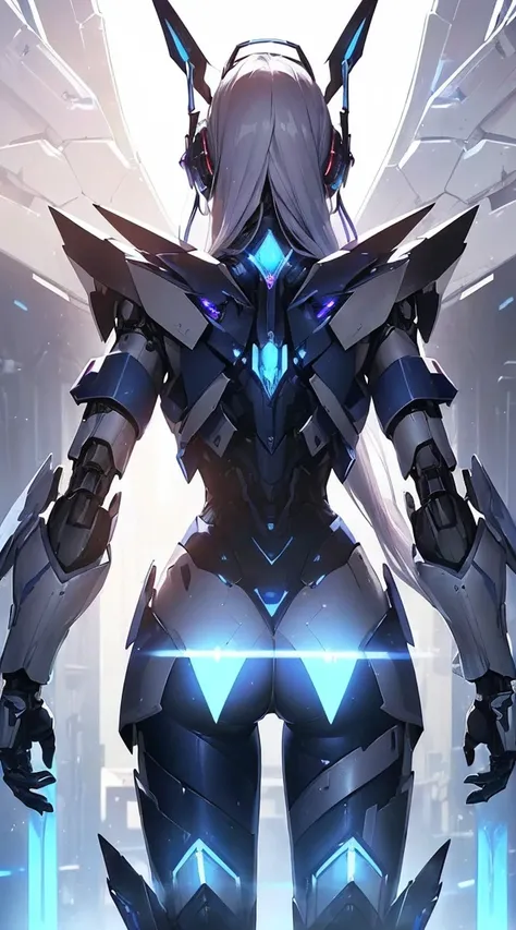 (((Photo from behind:1.6)))、((Lenses shining on both breasts:1.3))、((Blue pillars of light radiate from both of his chests..:1.3))、(Dynamic pose:1.6)、smile、((8K)), ((32k)), ((Highest quality)), ((masterpiece)), ((Ultra-high resolution)), ((Tmasterpiece)), ...