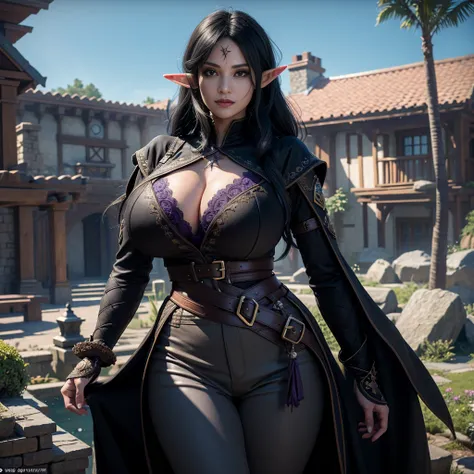 ((Best quality)), ((masterpiece)), (detailed: 1.4), 3D, (half-elf sorceress), (black hair, purple eyes:1.5, pale brown skin), (black robe, purple sleeves, grey pants, black boots and black armbands), (huge tits, big booty, short, curvy), (heavy gothic make...