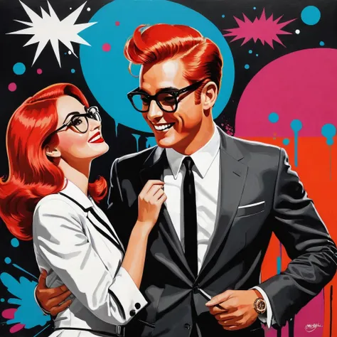 A captivating Pop-Art illustration of a man from the 1960s with bold, bright red hair, wearing a charming black-and-white suit and oversized glasses. . In a delightful twist, he shakes hands with the woman hes painted, bringing her to life from the canvas....