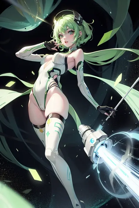 a thin alien woman with green hair, woman has green eyes, sexy sci-fi outfit . best quality, adorable, ultra-detailed, illustration, complex, detailed, extremely detailed, detailed face, soft light, soft focus, perfect face. illustration:full body