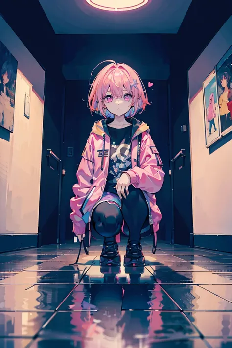 1 Girl, big 1.3, Colorful clothes, Pink Hair, Short Bob, ((Hold one knee)), sit, Shorts,pantyhose, Jacket,Open chest, Exposed Skin, curt, Put your hands in your pockets, Light purple eyes, ((Heart Eyes)), Pale background,16 years old, Colorful Hair, Messy ...