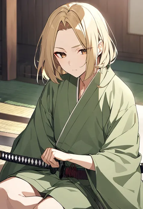 boy, blond, medium length hair, long bangs, bangs on the side, closed forehead, brown eyes, green kimono, haramaki, katana