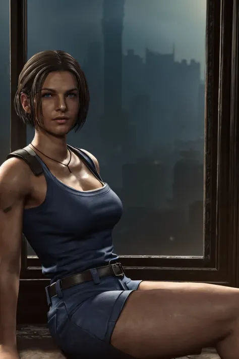 masterpiece, jill valentine, re3 remake, blue eyes, brown hair, oval face, long bob hair, dirt stains, portrait, woman sitting i...