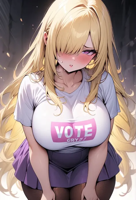 ((Best Quality)), ((Masterpiece)), (detailed), 1 girl, Pastel yellow hair, long hair, hair covers one eye, purple eyes, tight, big breasts, big thighs, white vote t-shirt, purple skirt, brown pantyhose, pouting, serrated fists, desire to cry