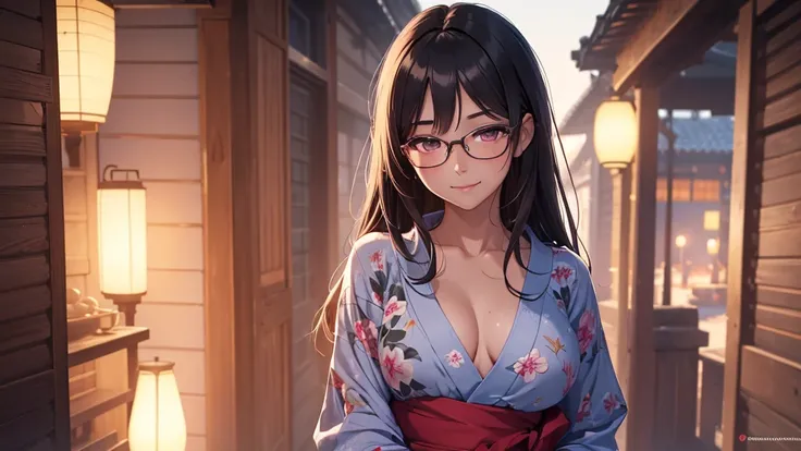 1 girl, full body stand, glasses, ideal breasts, naked yukata, loose hair, smile, put his face closer to you, face blush, night light, detailed anime face, beautiful eyes, detailed hand, long eyelashes, detailed lips, detailed skin, intricate details, eleg...