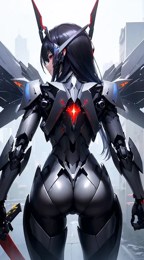 (((Photo from behind:1.6)))、((Shining lenses on both breasts:1.3))、((Pillars of red light radiate from both chests..:1.3))、((Dynamic pose:1.6))、((Holding the Red Sword:1.6))、((attack posture:1.8))、((8K)), ((32k)), ((Highest quality)), ((masterpiece)), ((Ul...