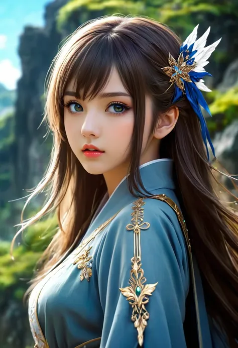 anime like realistic most beautiful girl in fantasy world, zoom uo to her head