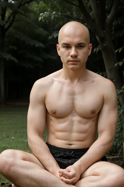 naughty man, offwhite, without hair, baldie, brooding, meditation, sitting cross-legged, in an external area, trees in the background, defocused