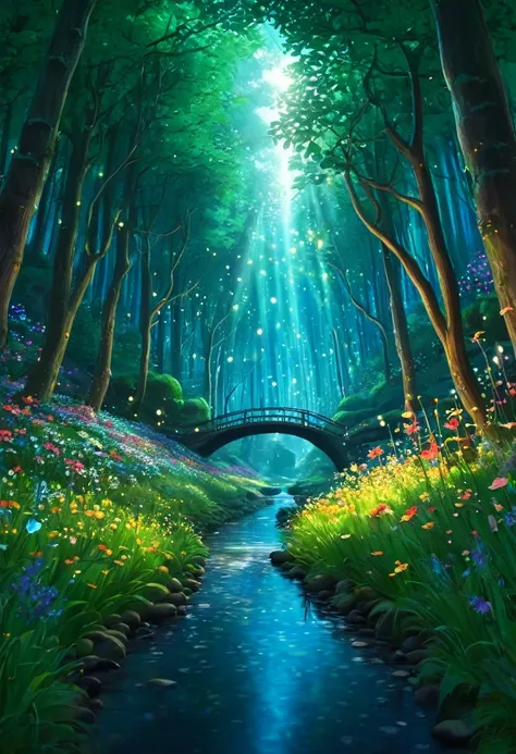 artistic image
type of image: digital illustration
subject description: a mystical forest with towering trees, vibrant flowers, ...