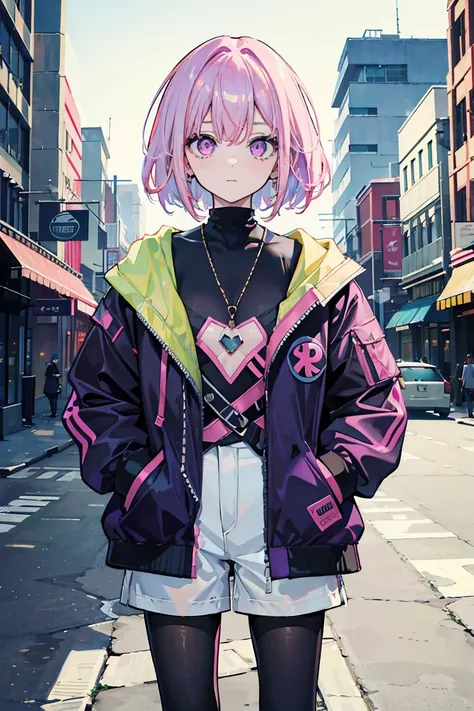 1 Girl, big 1.3, Colorful clothes, Pink Hair, Short Bob, ((peace sign)), Shorts,pantyhose, Jacket,Open chest, Exposed Skin, curt, Put your hands in your pockets, Light purple eyes, ((Heart Eyes)), Pale background,16 years old, Colorful Hair, Messy Hair, to...