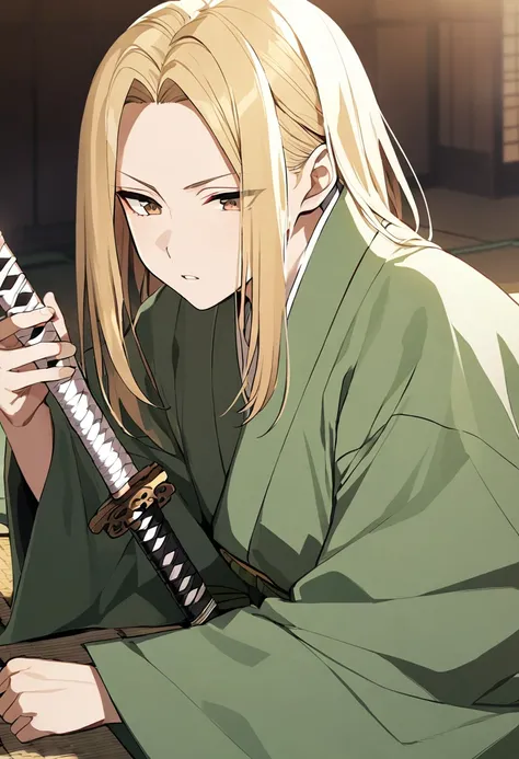 guy, blond, medium length hair, long bangs, bangs on the side, closed forehead, brown eyes, green kimono, haramaki, katana