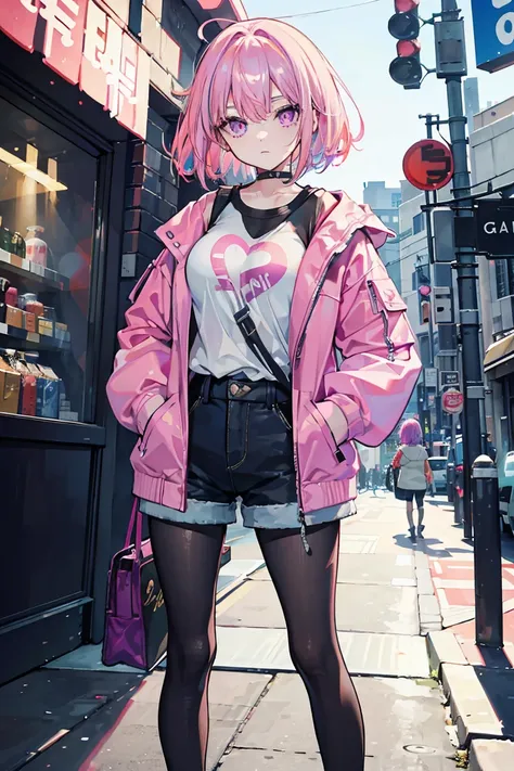 1 Girl,Big Breasts 1.3, Colorful clothes, Pink Hair, Short Bob, ((peace sign)), Shorts,pantyhose, Jacket,Open chest, Exposed Skin, curt, Put your hands in your pockets, Light purple eyes, ((Heart Eyes)), Pale background,16 years old, Colorful Hair, Messy H...