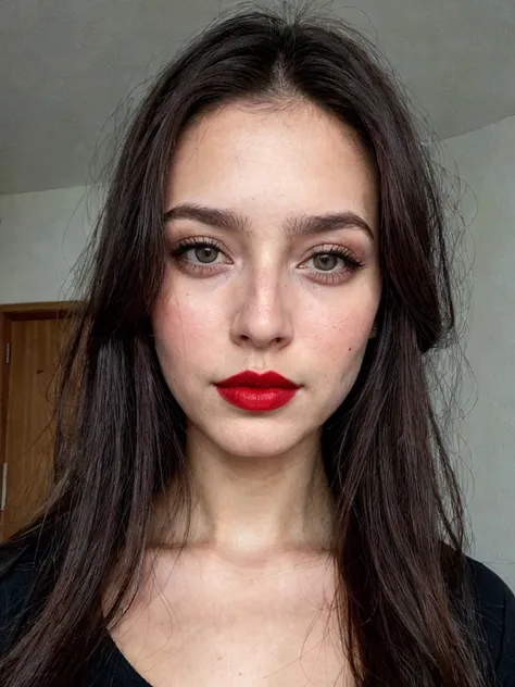 Woman selfie, long dark brown hair, black eyes, red lipstick, ultra realistic