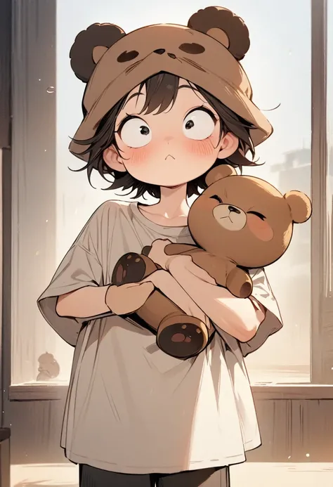 (masterpiece, best quality:1.2), Cartoon-like character design。1 boy holding a teddy bear, One boy alone，big eyes，cute expression，bear shirt，smock，bear hat，stand，Exciting，Exciting，clean lines