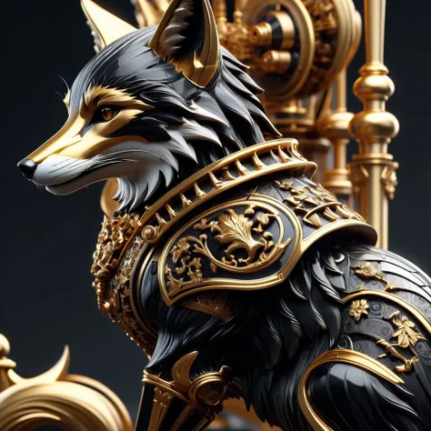 an elegant complex bio mechanical chess king(fox), onyx and gold, intricate details, 3d style, cyborg style, Movie Still, Leonardo Style, Macro Realism Style, Macro photography, close-up, hyper detailed, trending on artstation, sharp focus, studio photo, i...