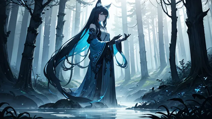 "Create a dark fantasy forest scene as a wallpaper, bathed in ethereal blue hues. The forest is dense with towering, ancient trees whose twisted branches reach out like skeletal fingers. The forest floor is shrouded in a thick, ghostly mist that swirls aro...