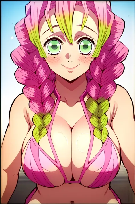 (masterpiece, best quality),  intricate details,
MitsuriKanroji,  kanroji mitsuri, 1girl, solo, long hair, winking, green eyes, pink hair, braid, green hair, twin braids, smile, cute smile, blushed smile, blush, blushing, large breast, huge breasts, bikini...