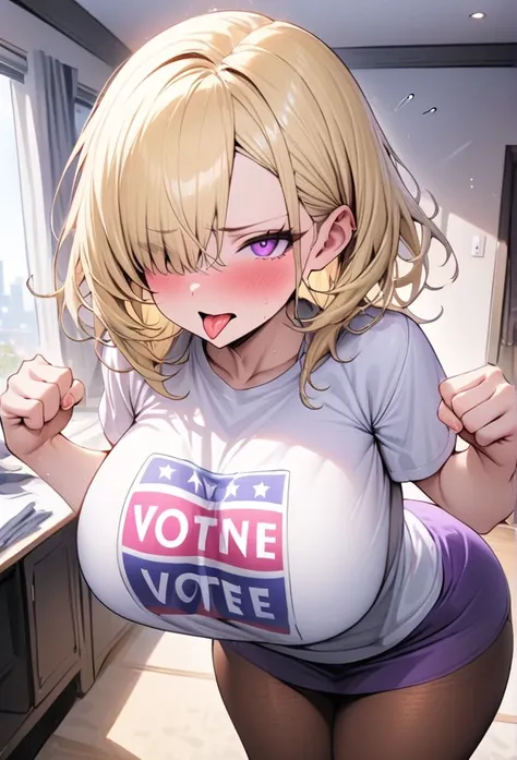 ((Best Quality)), ((Masterpiece)), (detailed), 1 girl, Pastel yellow hair, wide, hair covers one eye, purple eyes, big breasts, big thighs, , white voting t-shirt, purple skirt, brown pantyhose, pouting, expectation arrives, clenching fists, throw a tantru...